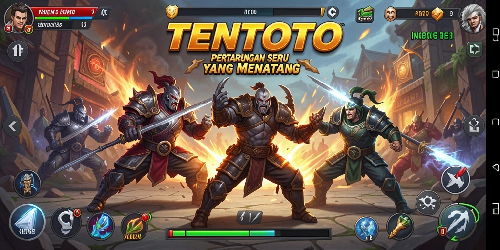 Screenshot utama TENTOTO menampilkan pertarungan seru di dalam arena.